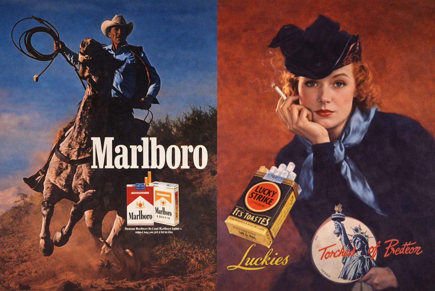 Коллаж с ковбоем Marlboro и винтажной женской табачной рекламой